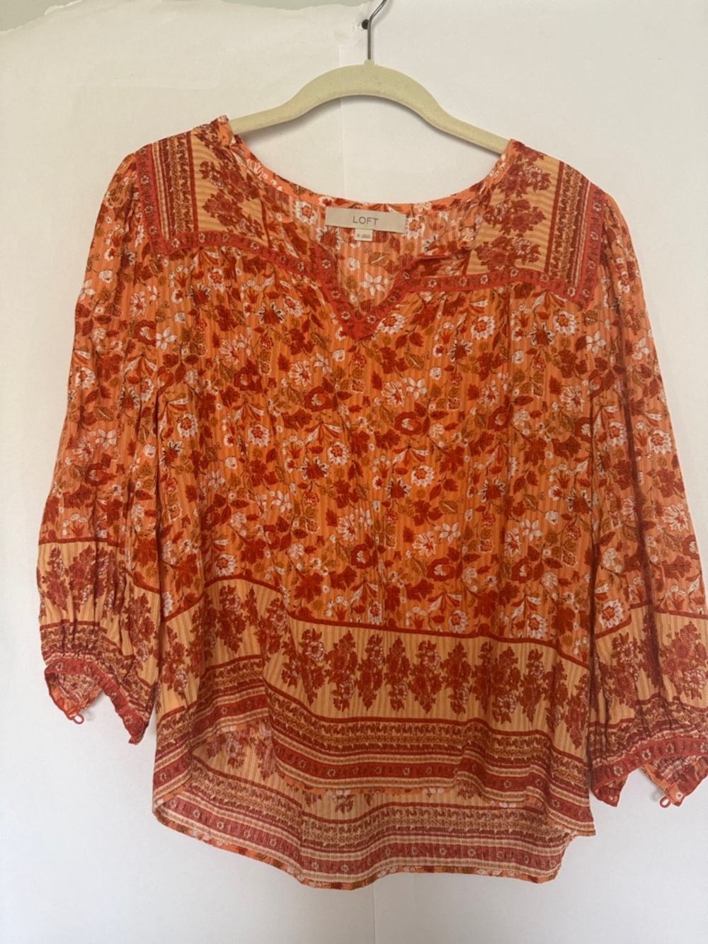 LOFT Orange and Cream Boho Floral Blouse
